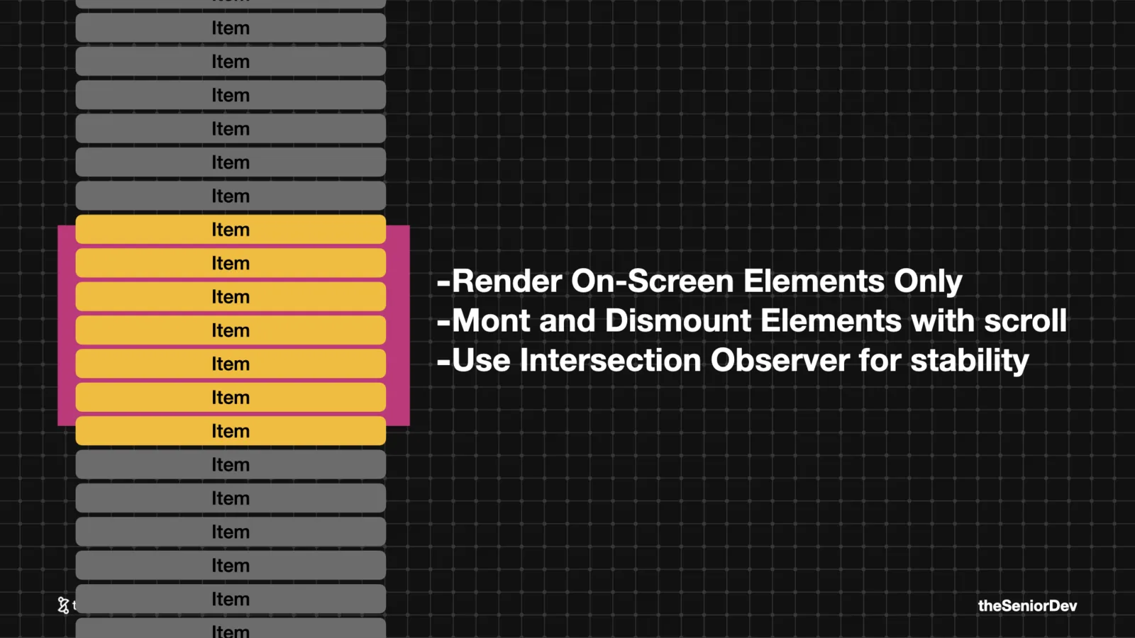 List virtualization: render on-screen elements only, mount and unmount with scroll — theSeniorDev