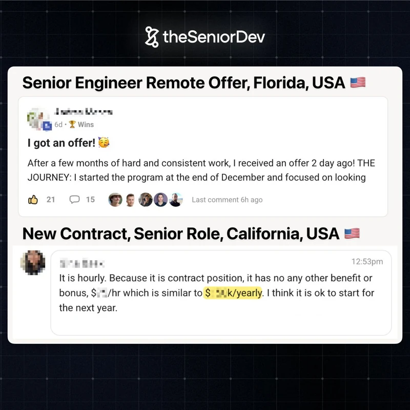 Community posts sharing remote senior engineering offers in Florida and California