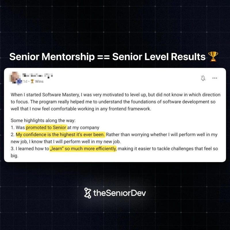 A community member shares a promotion to senior and greater confidence
